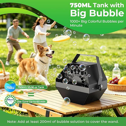 Theefun Bubble Machine, 750ml Stage Bubble Blower Metal, USB Plug in or 8 Battery Powered, Portable Party Bubble Maker for Stage BBQ Birthday Outdoor Indoor Use (Manual Control)