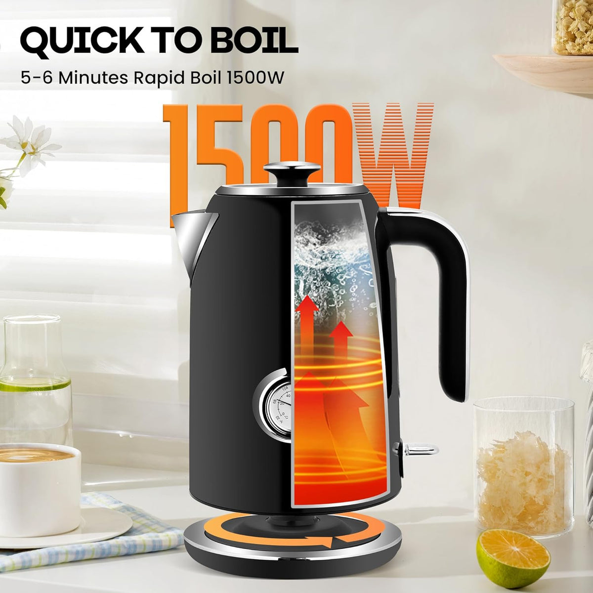 Pukomc Electric Kettle, 1.7L Stainless Steel Tea Kettle with Temperature Gauge, 1500W Water Boiler with LED Light, BPA-Free
