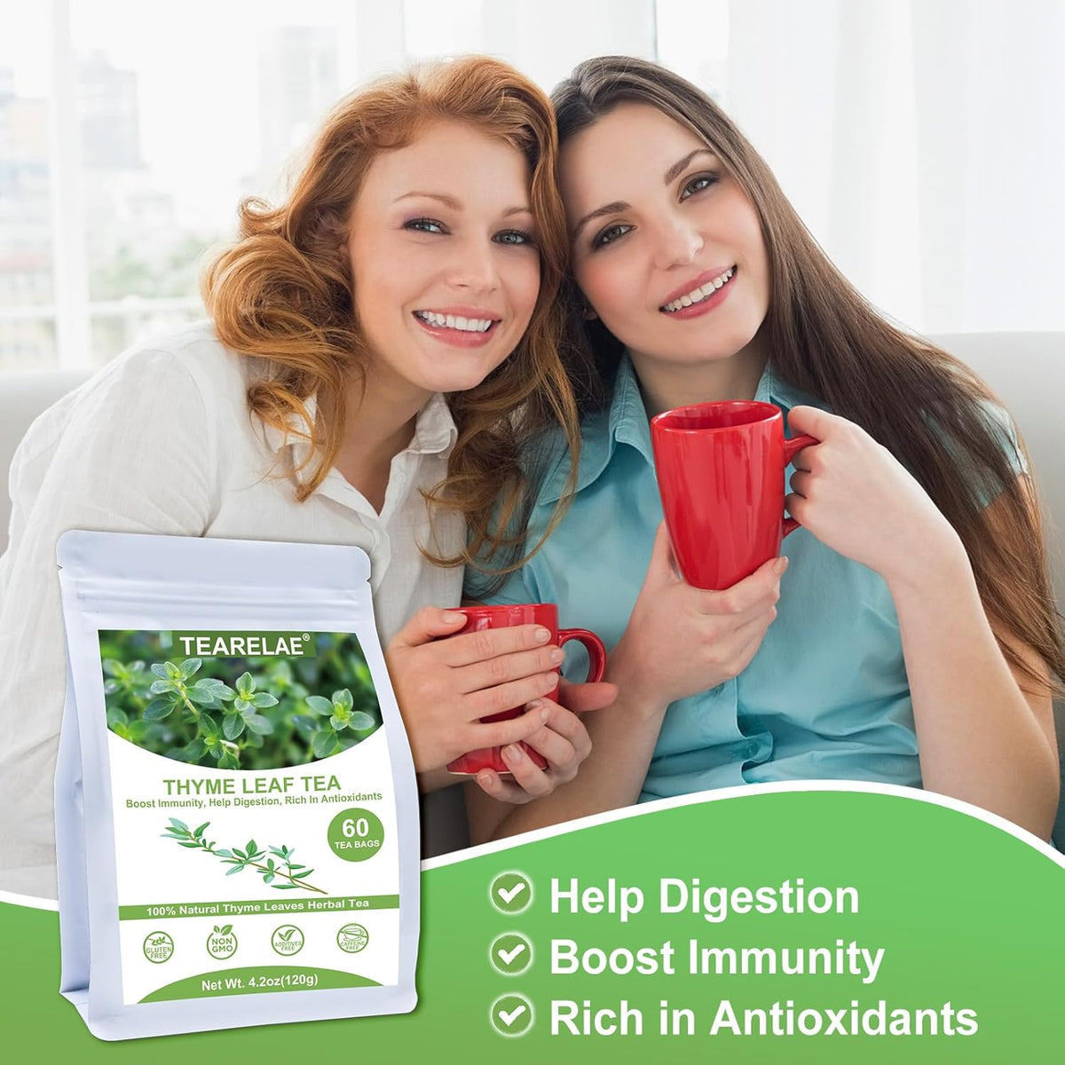 Tearelae - Thyme Tea Bags - 60 Count - 100% Pure Natural Thyme Leaves - Help Digestion, Boost Immunity - Non-GMO - Caffeine-Free