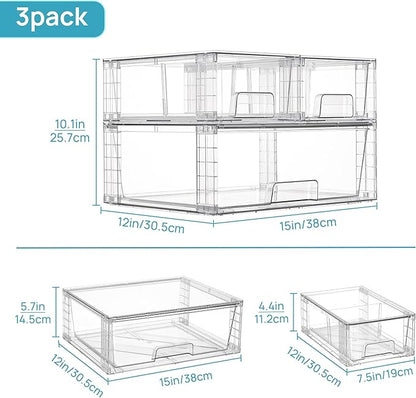 Vtopmart 3 Pack Stackable Storage Drawers, Easily Assemble Acrylic Bathroom Undersink Organizers,Clear Plastic Storage Bins for Closet,Cabinet,Pantry,Medicine Organization