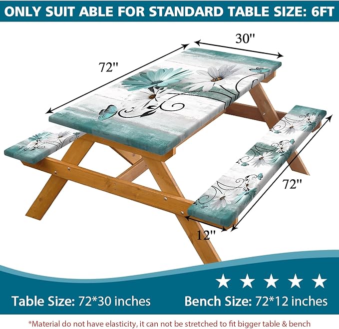 Rustic Farmhouse Teal Flower Picnic Table Cover with Bench Covers, Waterproof Teal Daisy Floral Flowers Butterfly on Country Wooden for Camping Indoor Outdoor Party Decorations, 30X72in