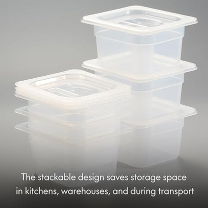 CURTA 6-Pack 1/6 Size 4" Deep Food Pan with Handled Lid – NSF Listed Commercial-Grade Translucent Polypropylene, Stackable Freezer-Safe Storage for Restaurants, Catering & Buffets