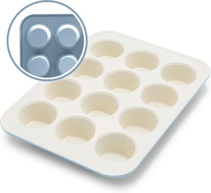 GreenLife 12-Cup Muffin Pan, Healthy Ceramic Nonstick Bakeware, PFOA & PFAS-Free Cupcake Tray, Durable Baking Pan, Versatile Kitchen Essential, Easy Clean Muffin Mold, Nonstick Baking Sheet, Blue Haze