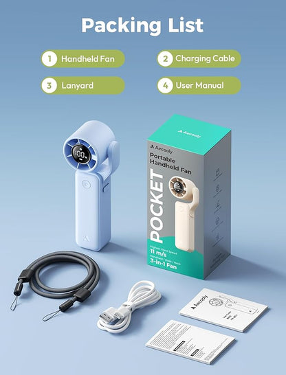 Aecooly Ultra-Pocket Portable Handheld Turbo Fan, 5 Gear Jet Force Airflow, Up to 15 Working Hours, USB Rechargeable Personal Battery Operated Mini Fan, for Travel/Outdoor/Vacation/Concerts -Blue