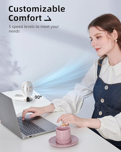 Koonie Portable Handheld, Battery Operated with Base, 8 Hours, Digital Display, 5 Speeds, 90° Ajustable, Rechargeable Mini for Outdoor Indoor White