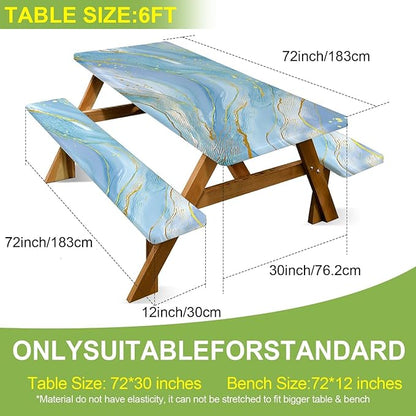 ANNA QUEEN 6FT Blue Marble Picnic Table Cover with Bench Covers Picnic Table Cover Set 3PCS 72"x30", Outdoor Bench and Tablecloth Furniture Protection