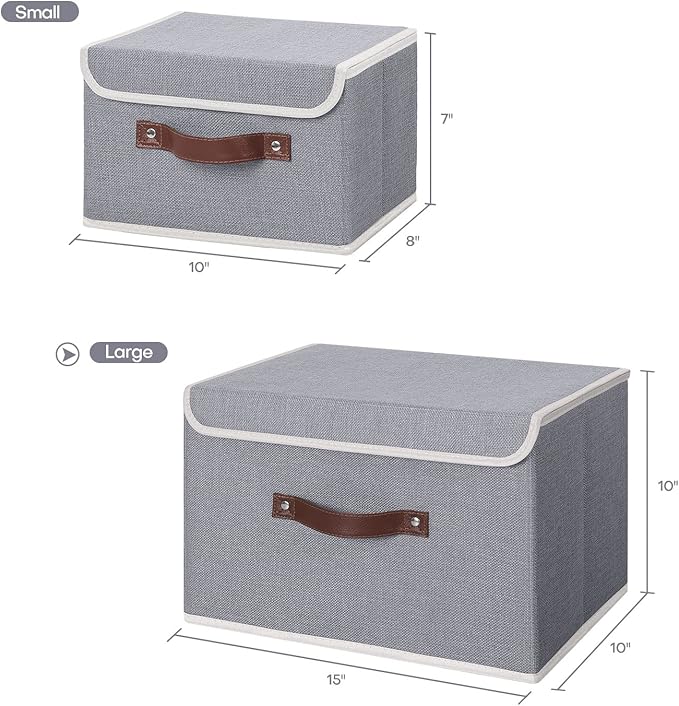 ANMINY Storage Bin with Lid Storage Boxes with PU Leather Handles PP Plastic Board Decorative Foldable Lidded Cotton Linen Fabric Home Cubes Baskets Closet Organizer Container - Gray, Large Size