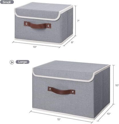 ANMINY Storage Bin with Lid Storage Boxes with PU Leather Handles PP Plastic Board Decorative Foldable Lidded Cotton Linen Fabric Home Cubes Baskets Closet Organizer Container - Gray, Large Size