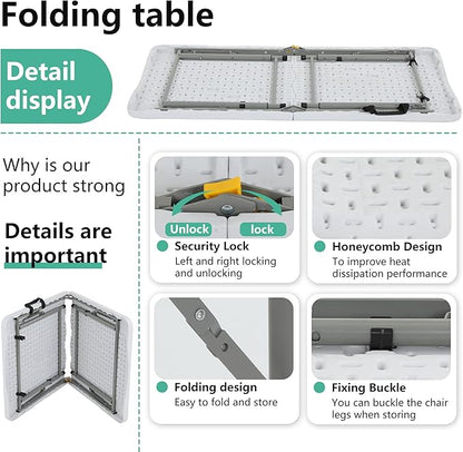 FDW 4FT Folding Table Half Portable Foldable Table Picnic Table for Office Home Camping Party (White, 4 FT)