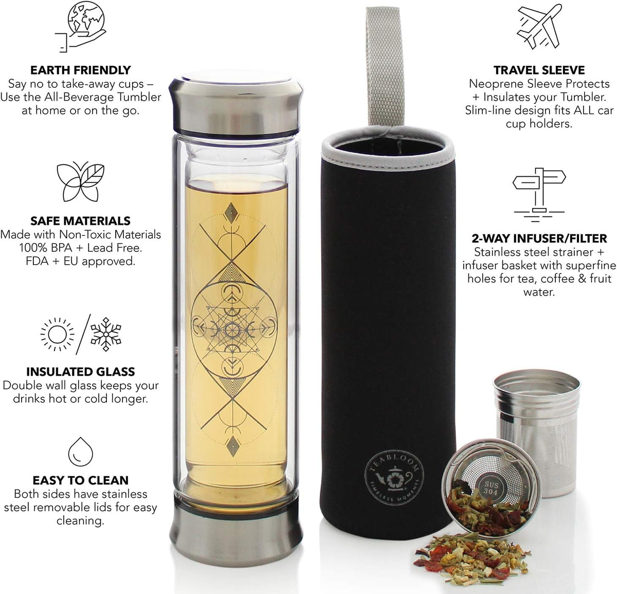 Teabloom All-Beverage Infusion Bottle – 14 oz / 400 ml – Double Wall Insulated Glass Travel Flask – Hot Tea & Cold Brew Coffee Thermos