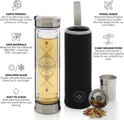 Teabloom All-Beverage Infusion Bottle – 14 oz / 400 ml – Double Wall Insulated Glass Travel Flask – Hot Tea & Cold Brew Coffee Thermos