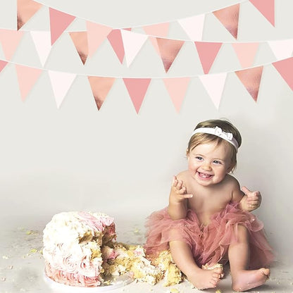 32Ft Rose Gold Party Decorations Dusty Blush Pink Pennant Banner Fabric Triangle Flag Bunting Garland Streamers for Wedding Birthday Anniversary Baby Bridal Shower Home Outdoor Garden Decorations