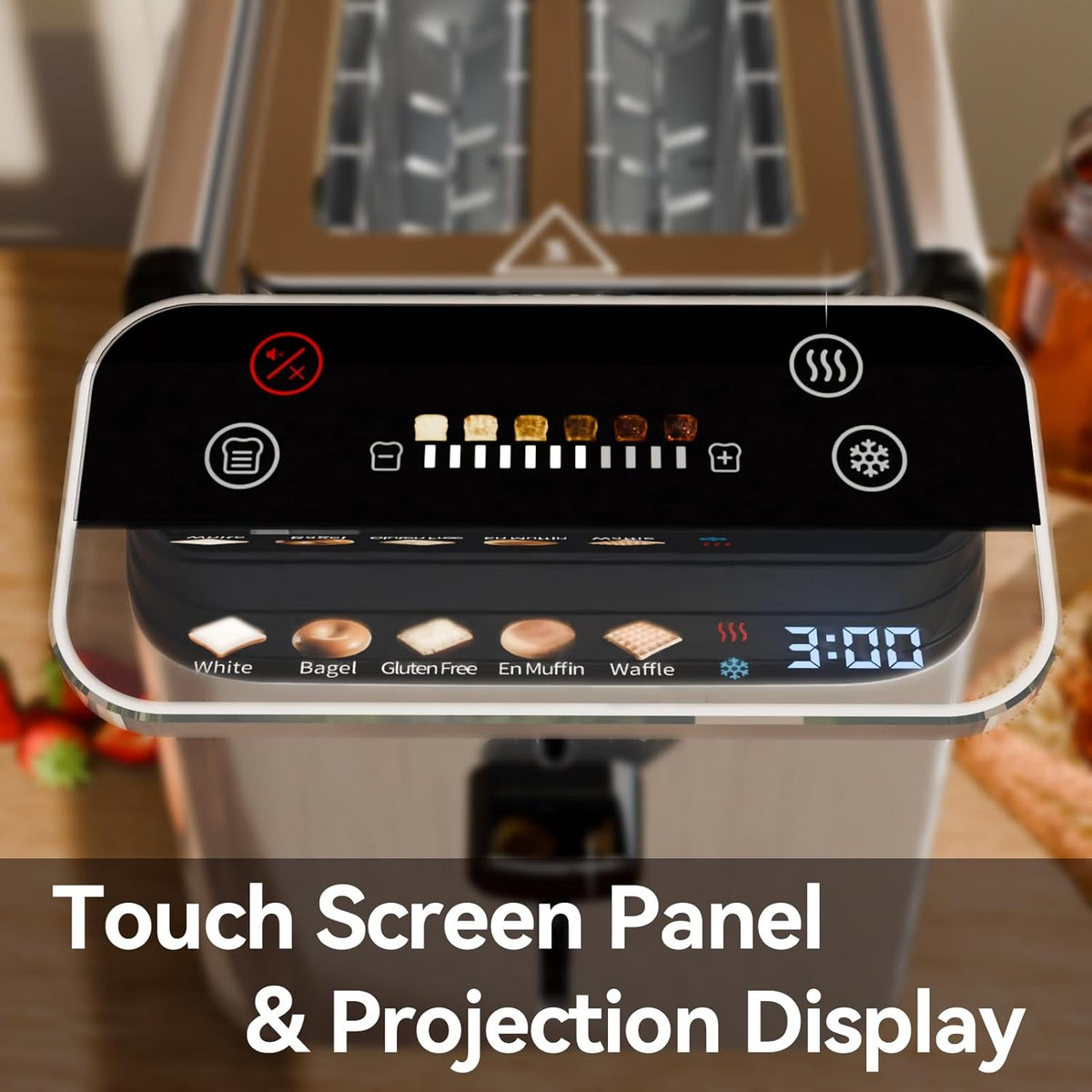 WHALL Toaster 2 Slice, Touch Screen Toasters with Projection Display, 1.5" Wide Slot, 5 Bread Types & 11 Shade Settings, Digital Timer, Warming Rack, Crumb Tray, Reheat/Defrost, Silver