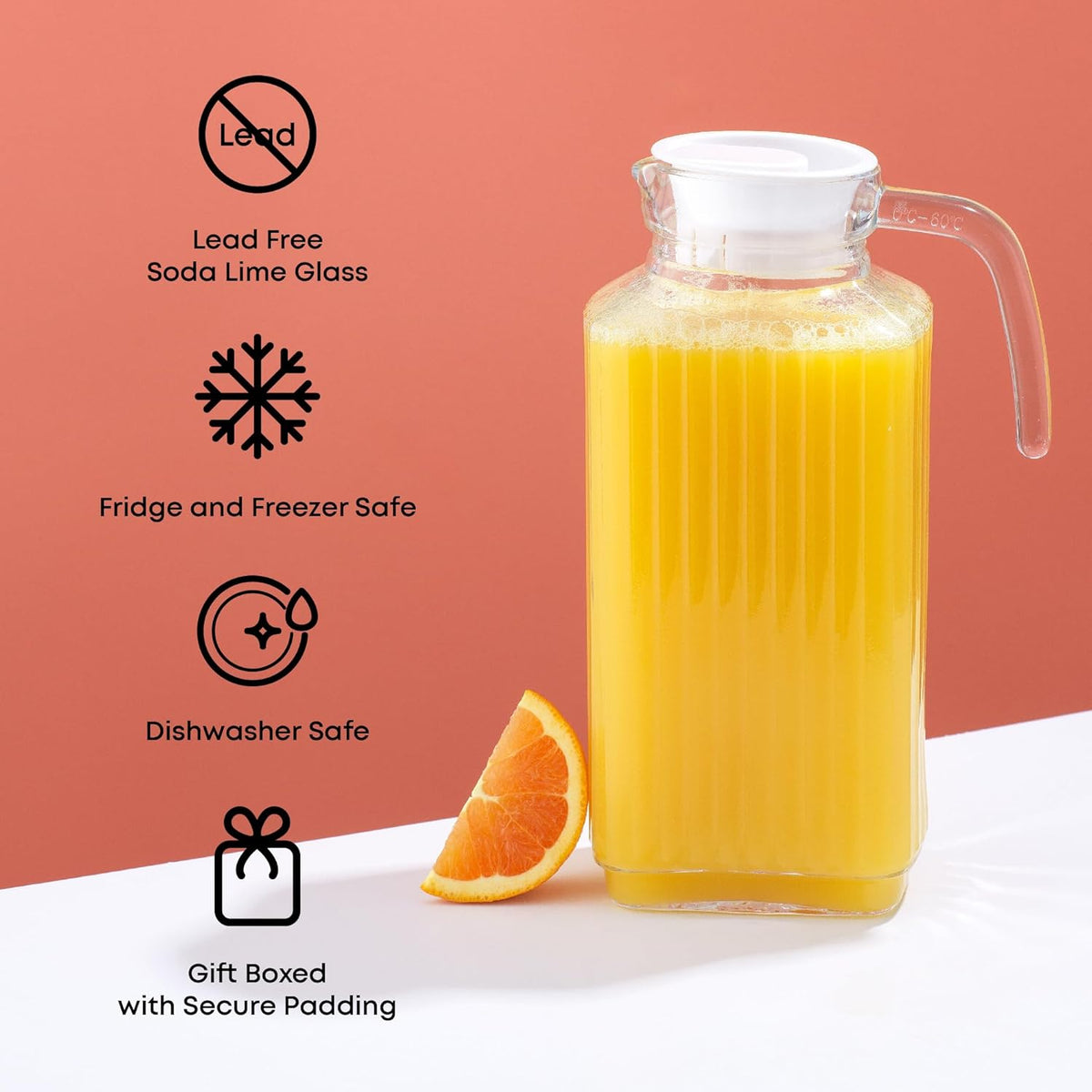 JoyJolt 60oz Glass Pitcher with Lid (2 Lids) - Beverage Serveware and Storage Container for Cold Drinks and Liquids. Juice Container, Water Jug