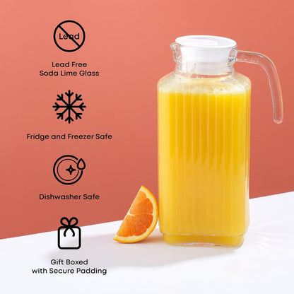 JoyJolt 60oz Glass Pitcher with Lid (2 Lids) - Beverage Serveware and Storage Container for Cold Drinks and Liquids. Juice Container, Water Jug