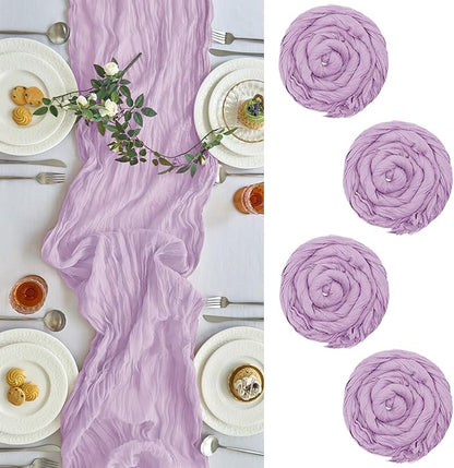 IVAPUPU 4 Pcs Cheesecloth Table Runner - 10ft Lilac Purple Lavender Boho Gauze Cheese Cloth Table Runners for Baby Shower Decorations Wedding Party Summer Garden Decor