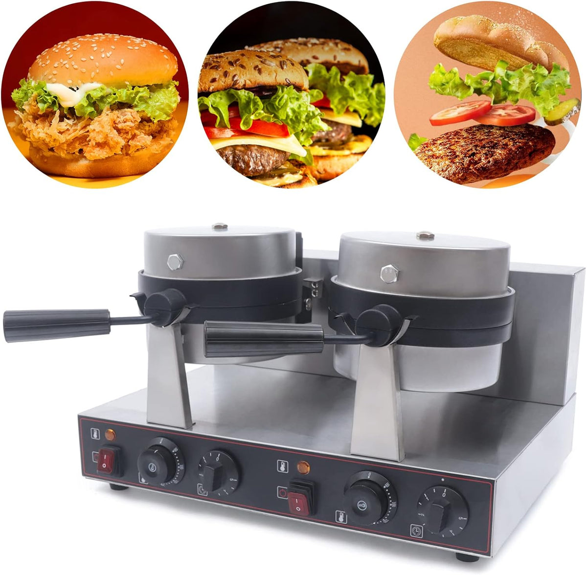 Commercial Electric Burger Waffle Maker Machine, Non Stick Panini Hamburger Press Machine Stainless Steel Ice Cream Burger Baker for Waffles, Paninis Household Hamburger Maker 2400W (Double)