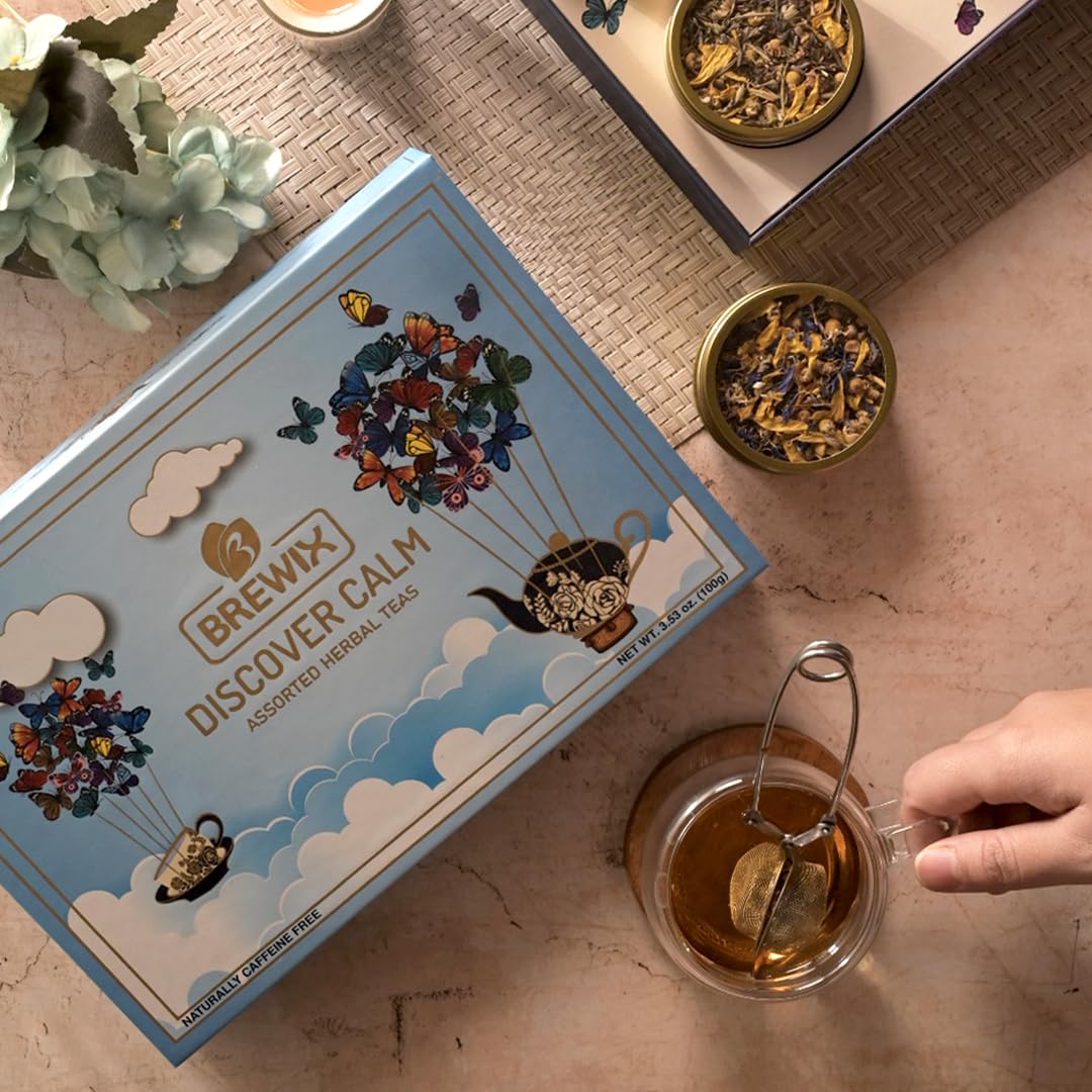 Brewix, Discover Calm Premium Herbal Tea Christmas Gift Box (3.53oz/50+ Cups), Tea Gift Sets For Tea Lover, 6 Unique Herbal Teas, Best for Birthdays
