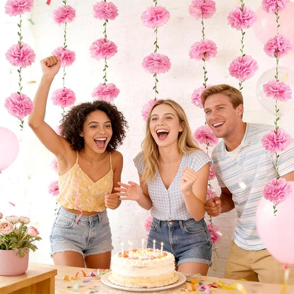 Pink Tissue Paper Flowers Pom Pom Spring Garland （2PCS） Hanging Decor Pink Party Decorations for Women Girls Birthday Bachelorette Baby Shower Wedding Party Supplies