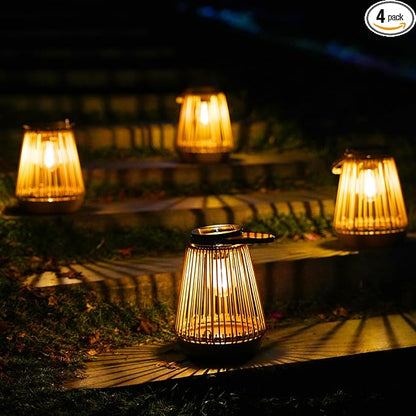 Solar Lights Outdoor Waterproof Garden Decor Lantern Hanging Lamp with Handle,Unique Ideas Rattan LED Lanterns for Decorations Patio Lawn Tabletop Pathway 4 Pack
