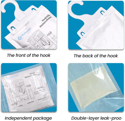Moisture Absorber Hanging Bags 6 Pack - 7 oz Fragrance-Free Dehumidifier for Closet, Bathroom, Bedroom – Double Leak-Proof Design & Dual-Sided Absorption