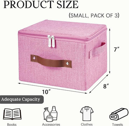3 Pack Storage Bins with Zipper Lid Fabric Lidded Storage Boxes Baskets Cubes Washable Collapsible PU Leather Handle Cotton Linen Shelves Closet Organizer Container(Pink, Small Size)