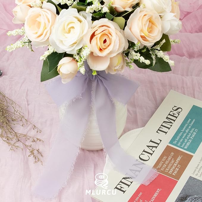 Misty Lilac Chiffon Ribbon - 1.5 Inch x 21 Yards, Boho Frayed Fringe Silk Ribbon for Gift Wrapping, Wedding Invitations, Bridal Flower Bouquets