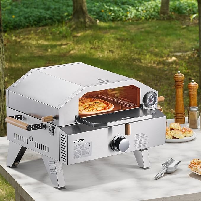 VEVOR 2 IN 1 Outdoor Pizza Oven, 13 in Propane Pizza Oven & Grill, 12,000 BTU Tabletop Propane Gas Oven with Pizza-Stone, Thermometer, Stainless Steel Portable Grill, for Camping & Backyard