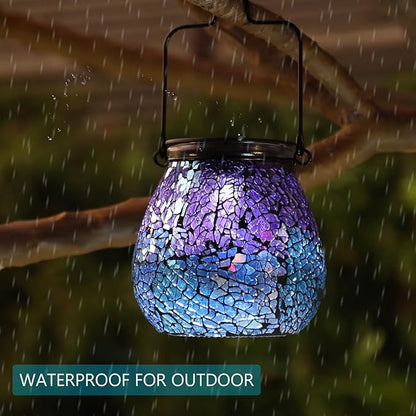 Bshine Mosaic Solar Lantern Outdoor Hanging Waterproof, Colourful Glass Purple Lantern Valentine's Day Indoor Decor Table, Garden Decor for Yard Outside, Lawn, Birthday Gift for Mom Women Gardening