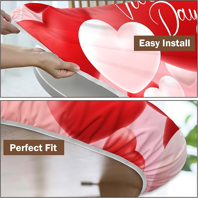Valentines Day Round Fitted Tablecloth with Elastic Red White Love Heart Circle Table Cloth for 44-48" Round Tables Wipeable Waterproof Washable Valentine Table Cover for Picnic Dining Party Decor