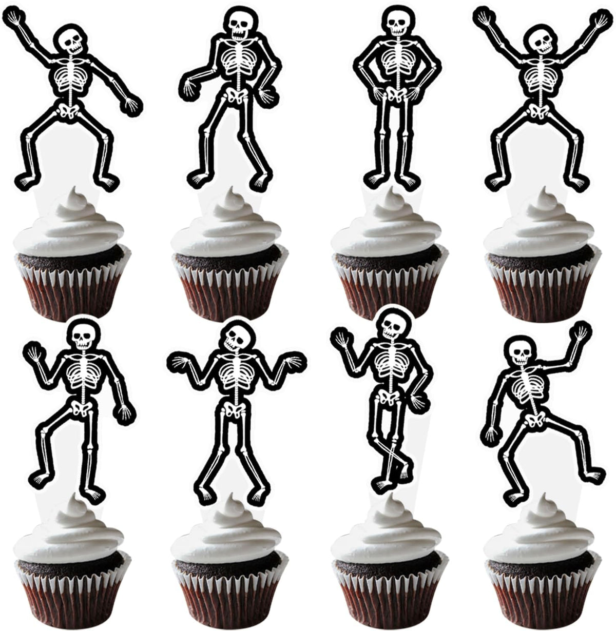 Dancing Skeleton Halloween Cupcake Toppers 48PCS Black Skull Party Cake Decorations Skeleton Cupcake Picks Halloween Birthday Party Decorations for