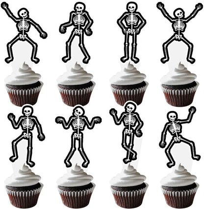 Dancing Skeleton Halloween Cupcake Toppers 48PCS Black Skull Party Cake Decorations Skeleton Cupcake Picks Halloween Birthday Party Decorations for