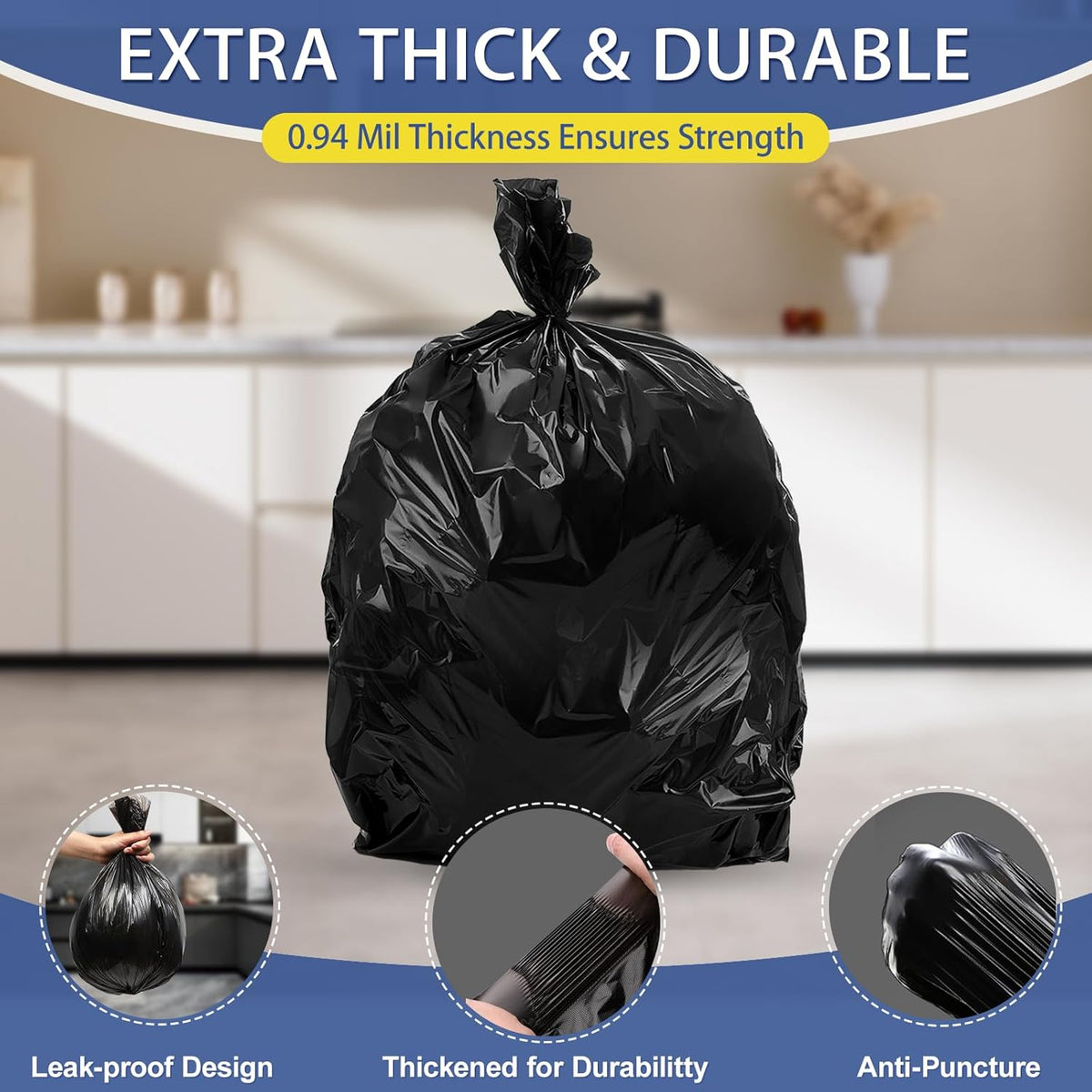Small Trash Bags 4 Gallon - 0.94 Mil Thick 220 Count Heany Duty 15 Liters Black Garbage Bags,Leakproof Durable and Unscented Weastbasket Can Liners for Bathroom Bedroom Home