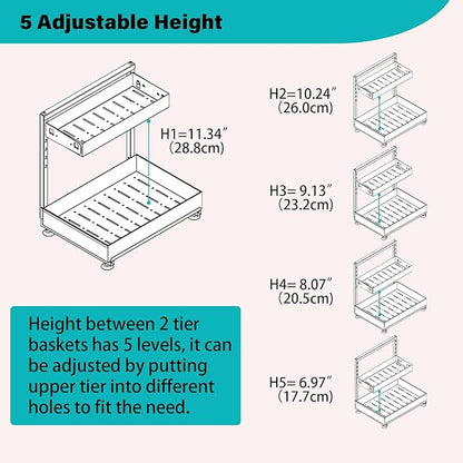 Under Sink Organizer, Bathroom Counter Organizer, 2 Packs 2-Tier Metal, Under Cabinet Storage, Makeup Storage, Adjustable Height & Slide-Out Drawer for Kitchen Bathroom, White