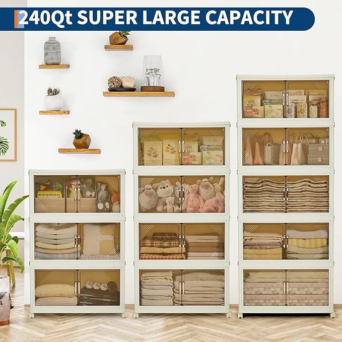 Garvee 240QT Stackable Storage Bins, Plastic Bins for Storage with Lids, Plastic Storages Drawers with Magnetic Doors & Wheels, Foldable Collapsible Closet Organizers for Home, Dorm, Office, White