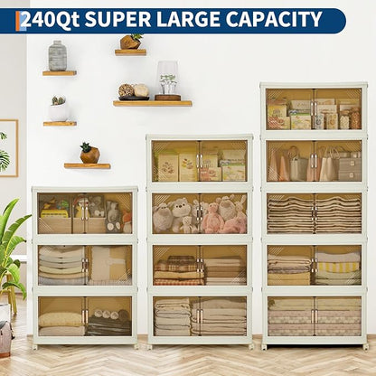 Garvee 240QT Stackable Storage Bins, Plastic Bins for Storage with Lids, Plastic Storages Drawers with Magnetic Doors & Wheels, Foldable Collapsible Closet Organizers for Home, Dorm, Office, White