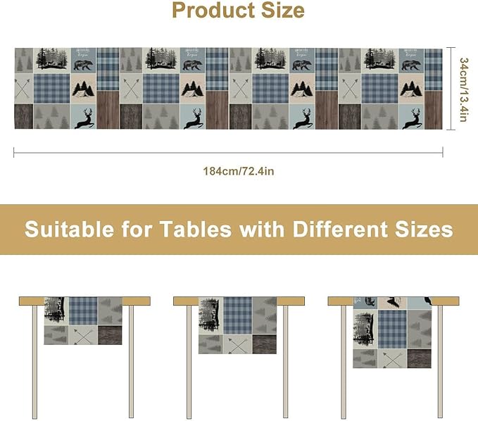 Rustic Bear Deer Table Runner, Blue Checkered Nature Forest Wildlife Farmhouse Cabin Country Table Runner for Outdoor Dining Kitchen Camping Party 13x70in