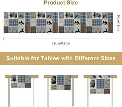 Rustic Bear Deer Table Runner, Blue Checkered Nature Forest Wildlife Farmhouse Cabin Country Table Runner for Outdoor Dining Kitchen Camping Party 13x70in