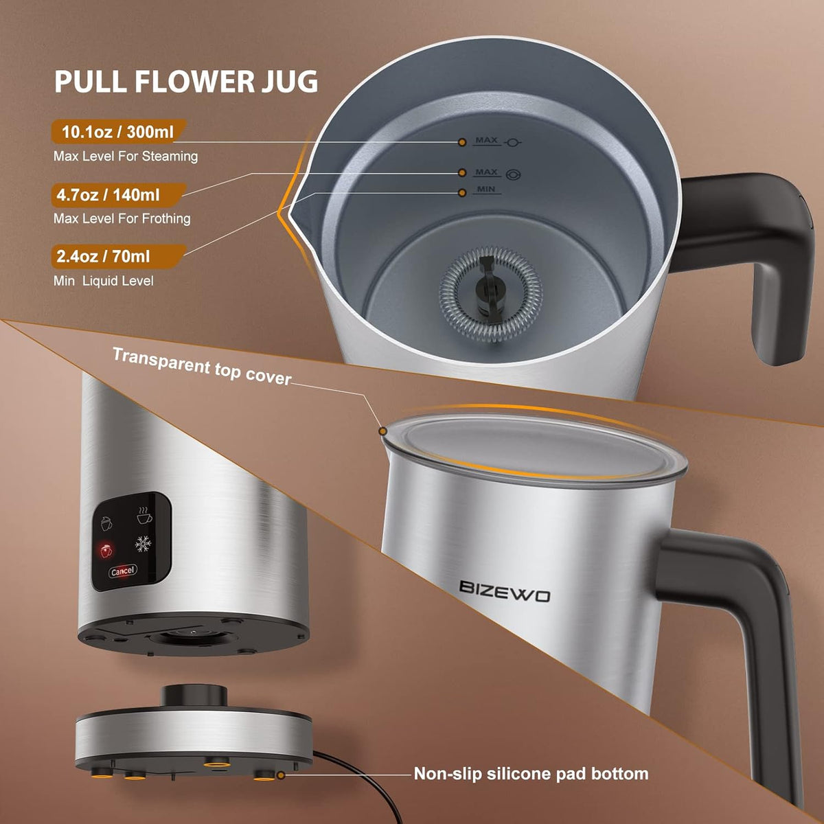 Bizewo Milk Frother Electric, Warm and Cold Milk Steamer, 4 IN 1 Automatic Milk Warmer Stainless Steel with Touch Screen for Coffee, Latte, Macchiato