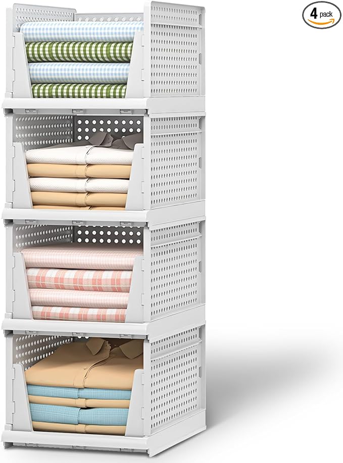 Clothes Organizers and Storage, 4 Packs Stackable Plastic Storage Basket for Closet, Stackable Plastic Storage Bins Storage Box Closet Shelf for Bathroom Kitchen Office, 4XL
