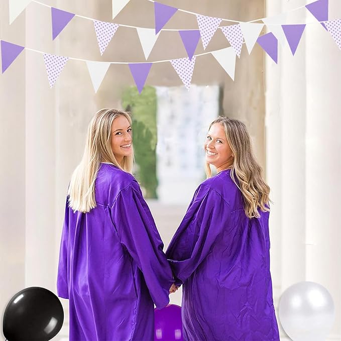 Zwiebeco 39Ft Purple White Dot Fabric Bunting Banner Triangle Flags Hanging Cotton Garland Pennant for Wedding Birthday Tea Party Nursery Home Outdoor Garden Decorations
