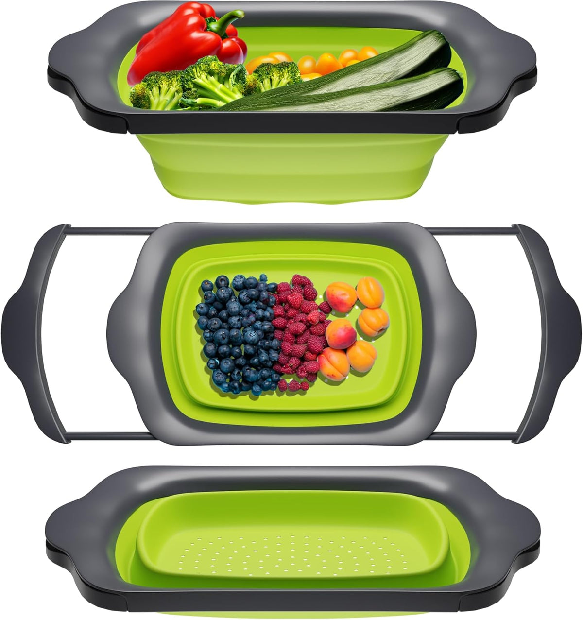 XL Large Kitchen Strainer by Comfify - Collapsible Silicone Over-The-Sink Colander with Extendable Handles - Use with Pasta, Fruit, Berries & Veggie - 6 Quart - Green