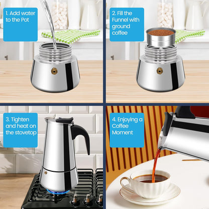4 Cup Moka Pot Stainless Steel 200ml Italian Espresso Coffee Maker Stovetop CoffeeMakers Mocha Pot Percolator for Induction Stove Classic Cafe Makers