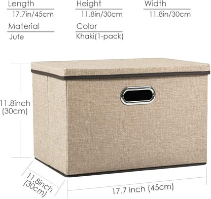 PRANDOM Large Collapsible Storage Bins with Lids [1-Pack] Jute Fabric Foldable Storage Boxes Organizer Containers Baskets Cube with Cover for Home Bedroom Closet Office Nursery (17.7x11.8x11.8)