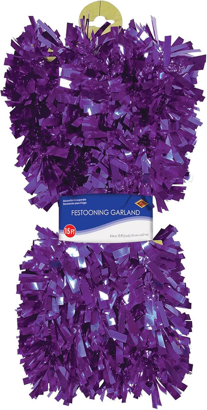 Beistle Metallic Festooning Garland Hanging Decorations, Birthday Party Supplies, 4" x 15', Purple