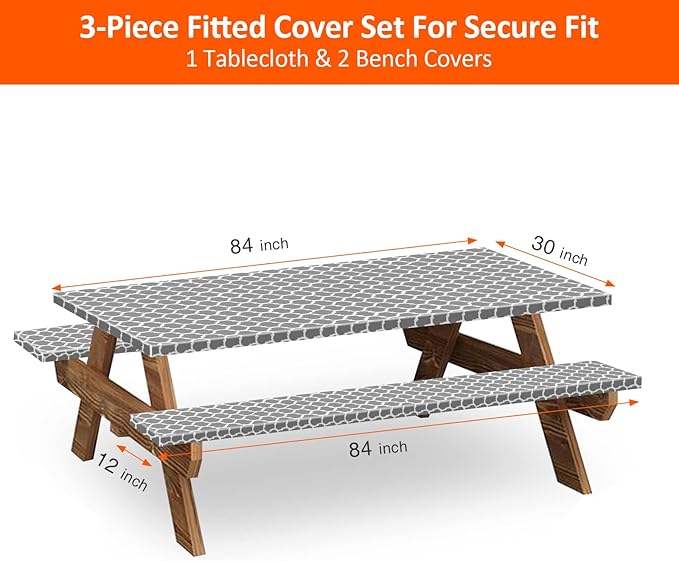 7ft Picnic Table and Bench Cover, Camping Essentials RV Gear, 84 in Waterproof Windproof Outdoor Elastic All Around Tablecloth, Fitted Rectangle Tables and Seats, Gray-White Moroccan