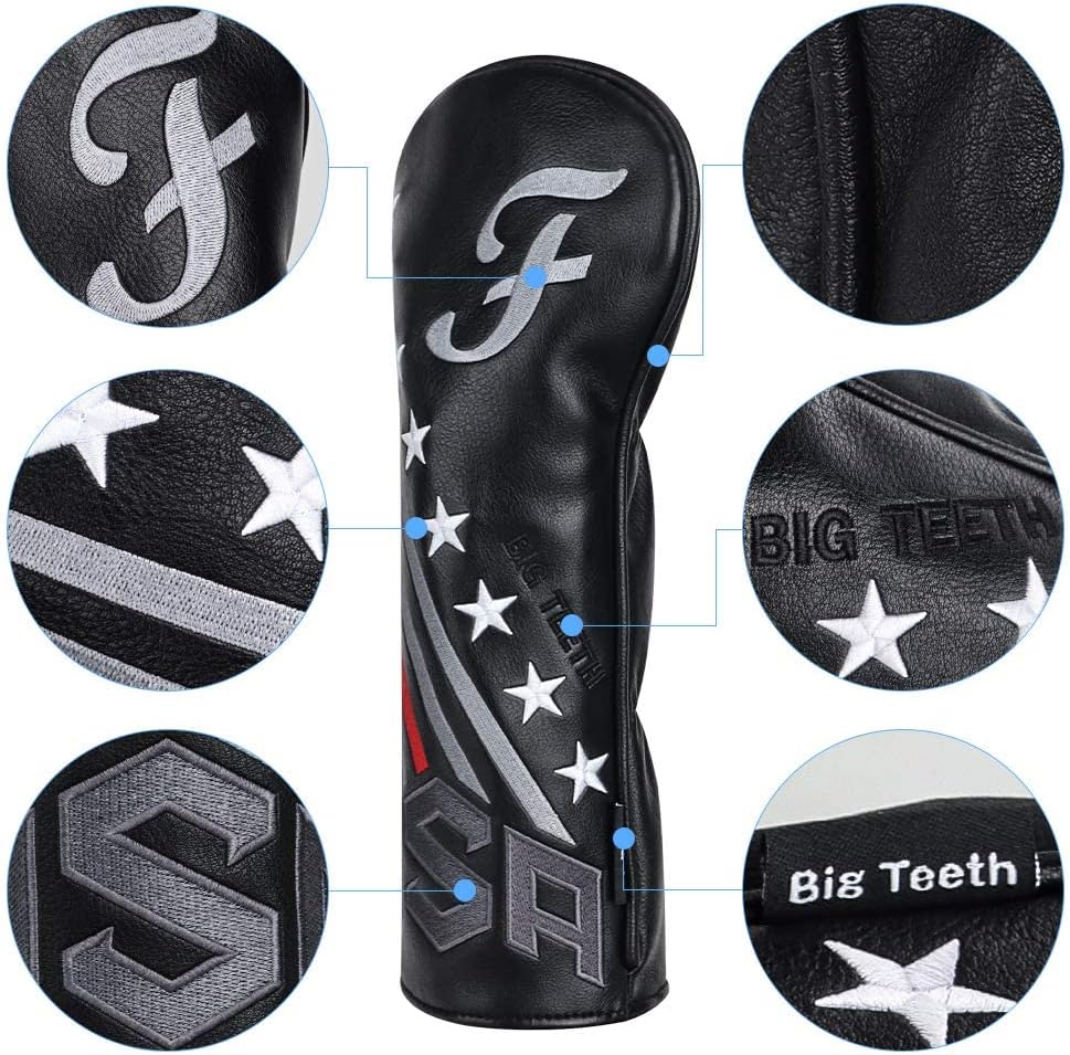 Big Teeth Golf Cover USA Stripe and Star Headcover Covers, Driver Fairway Wood Hybrid Headcovers Fits Blade Mallet Putter Iron and Woods with Magnetic Club Protector Pu Leather Golf Accessories