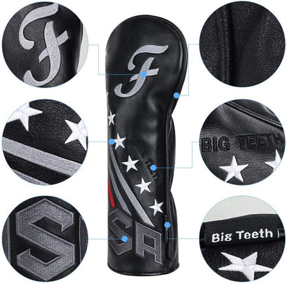 Big Teeth Golf Cover USA Stripe and Star Headcover Covers, Driver Fairway Wood Hybrid Headcovers Fits Blade Mallet Putter Iron and Woods with Magnetic Club Protector Pu Leather Golf Accessories