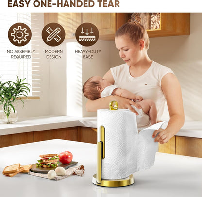 theaoo Heavy-Duty Stainless Steel Paper Towel Holder with Tension Arm – Easy One-Handed Tear, Modern Standing Countertop Dispenser for Kitchen, Holds All Paper Towel Rolls (1, Gold)