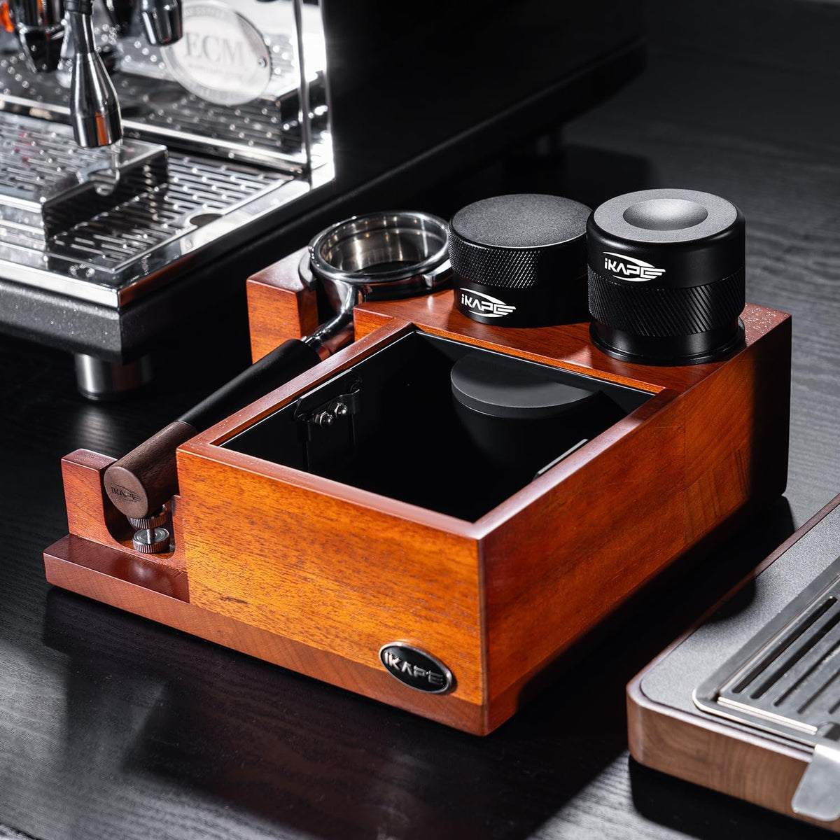 Ikape 58MM Espresso Tamper, New Wooden Handle Design，Premium Barista Coffee Calibrated Tamper with Spring Loaded